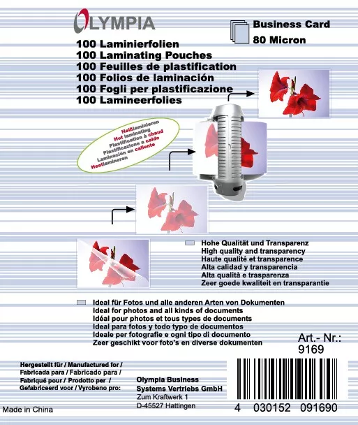 Olympia lamináló fólia névjegykártyára, 80 mic., 100 db