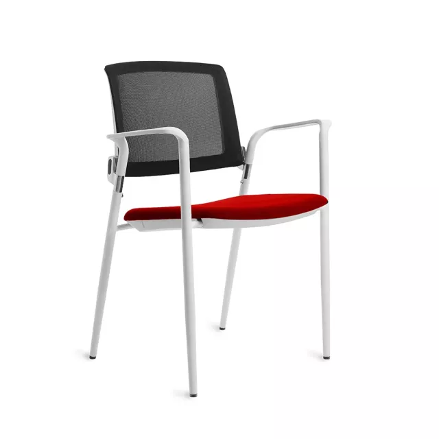 Rocada 906V23W-2 konferenciaszék, fehér szerkezet, piros kárpitozott ülőfelület, hálós háttámla, karfák